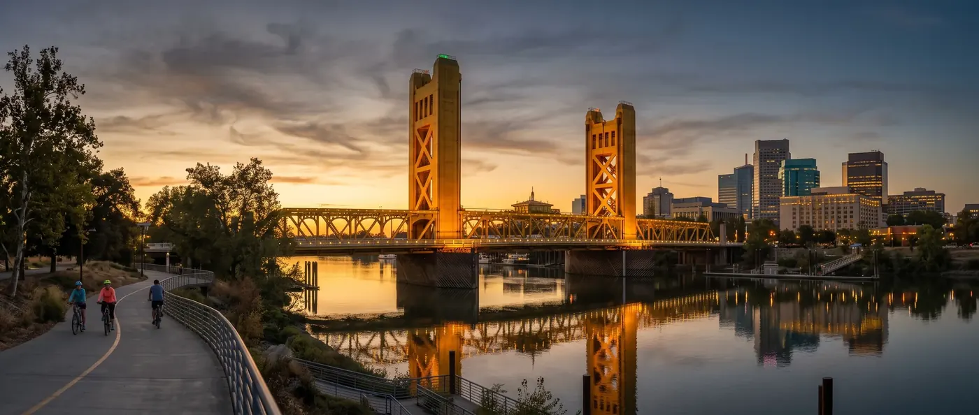 Tower Bridge and the Sacramento skyline at golden hour -- Scharf Law, P.C. serves families across Sacramento County.