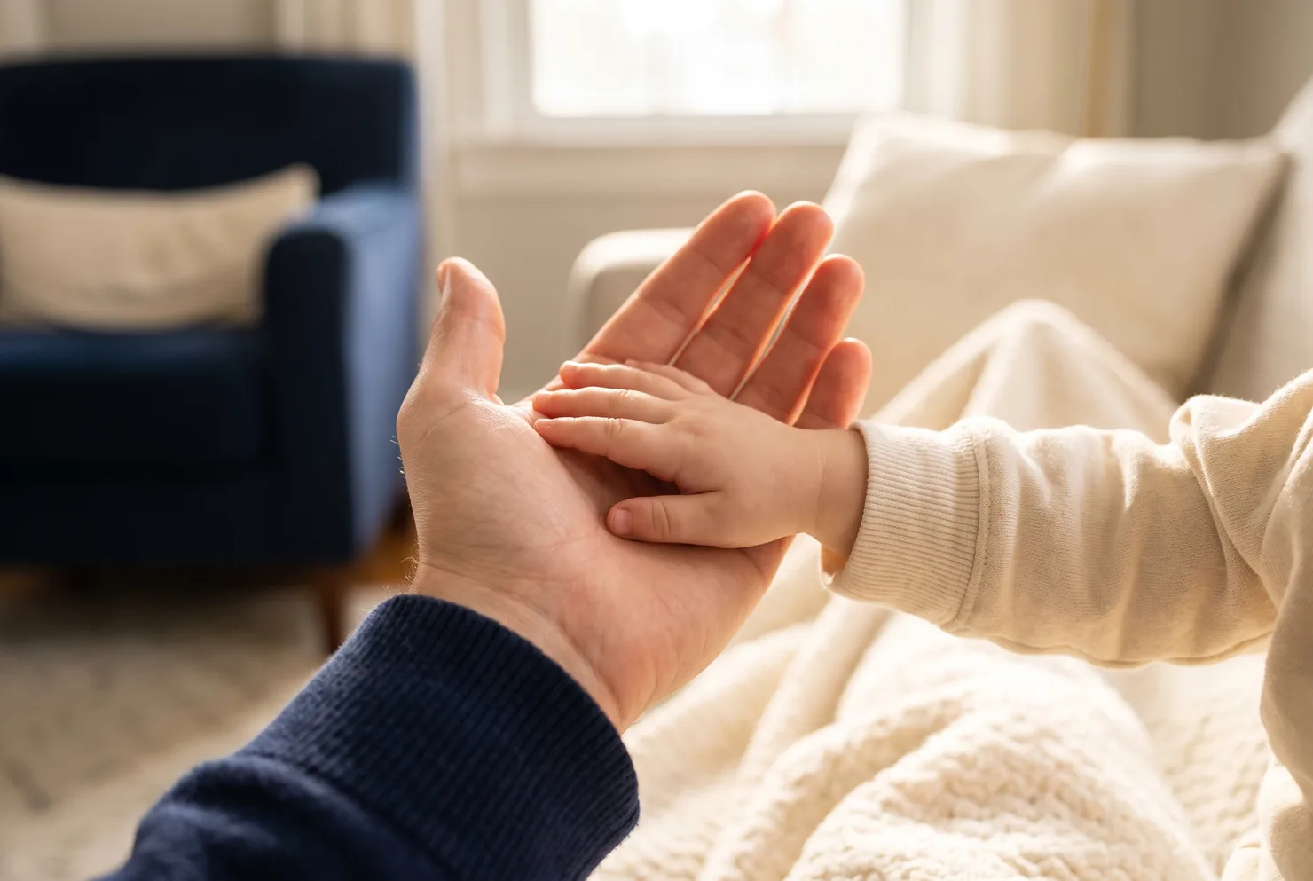 A parent's open hand holding a young child's hand at home (stock photo) -- steady guidance for families from Scharf Law, P.C.