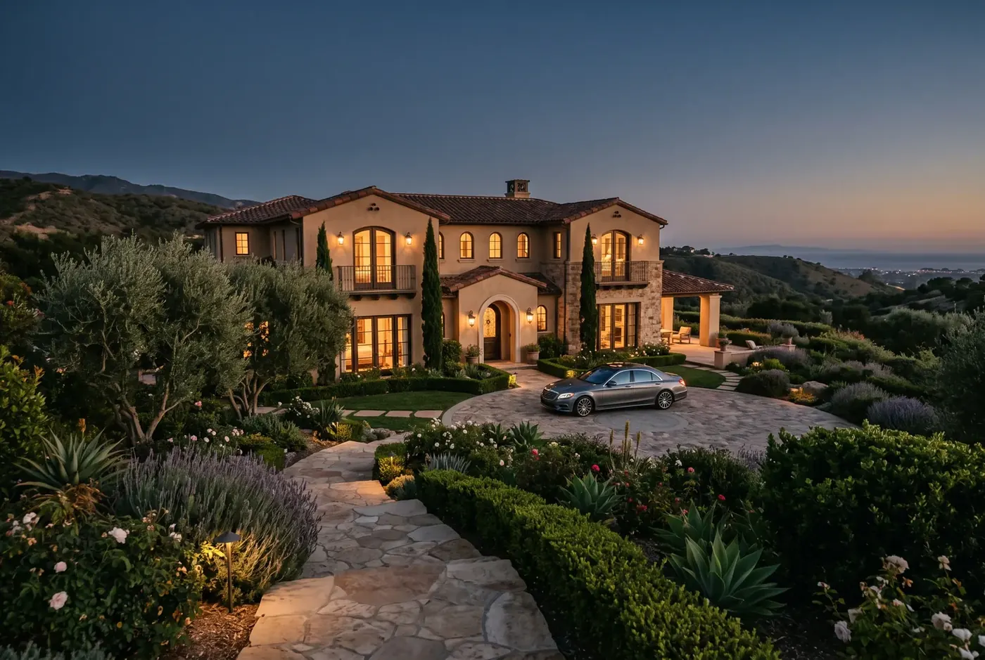 An elegant California estate at dusk -- discreet high-asset divorce representation at Scharf Law, P.C.